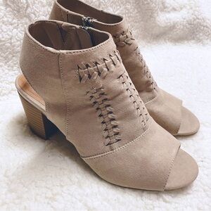 Ruff Hewn Boots Womens 8 M Pia Peep Toe Slingback Zip Bootie Brown Fabric Heels